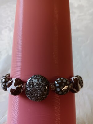 Kazuri Stretch Ceramic Beaded Bracelet, Brown and White Kazuri Beads with Crystal Clear Spacers, African Fair Trade Bead - image3